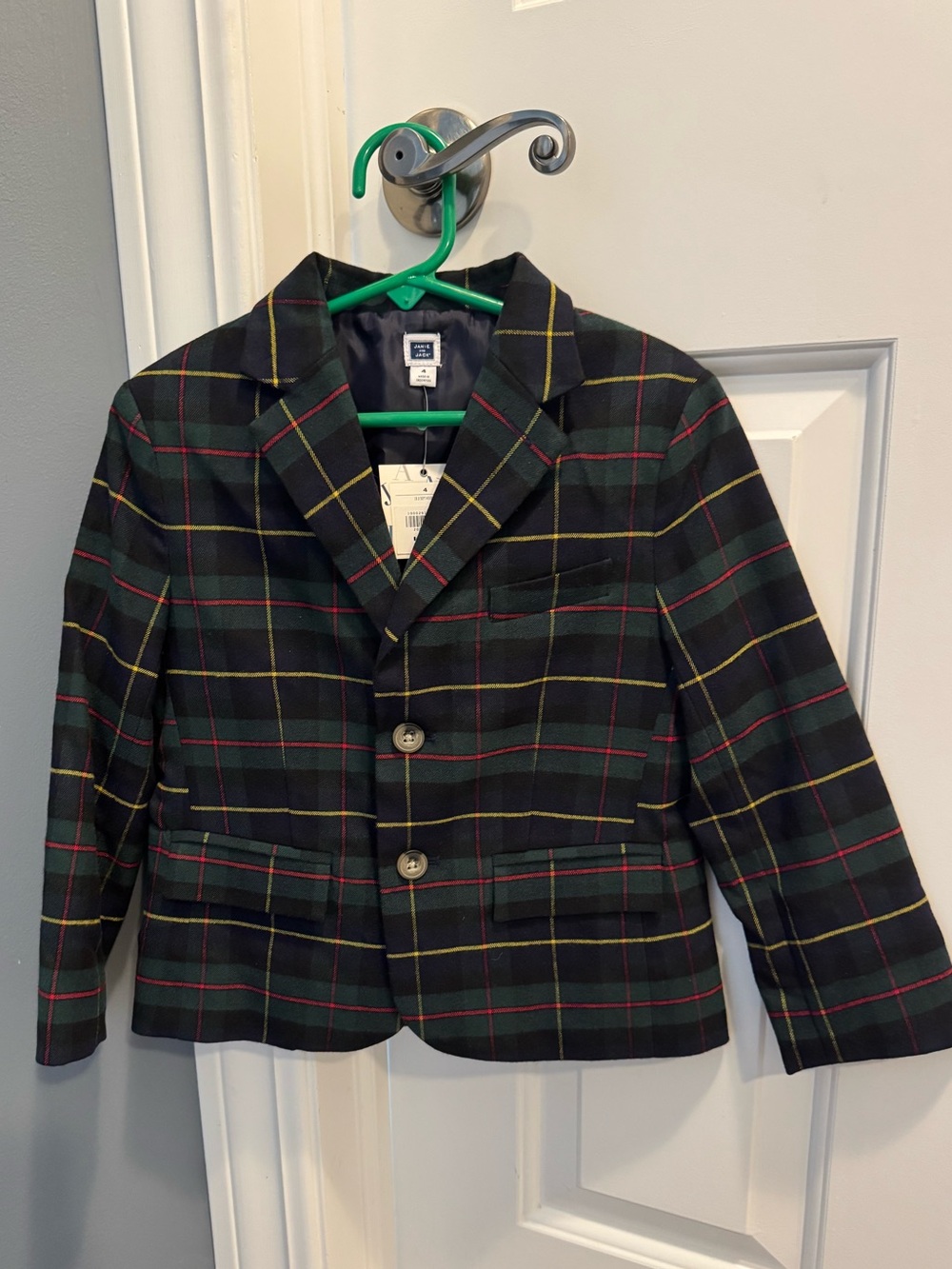 NWT Janie and Jack Boys Black Green Plaid Blazer